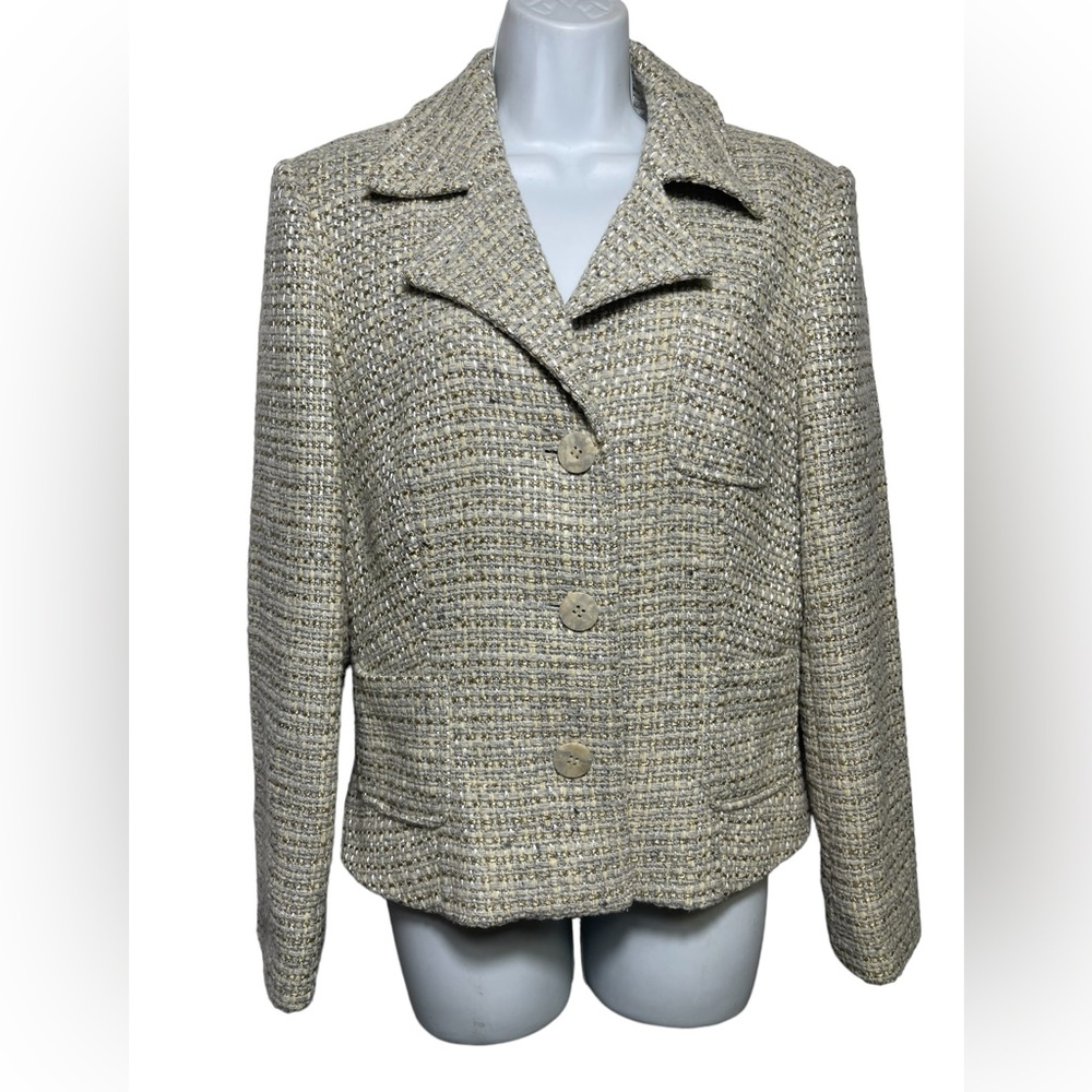 Talbots size 10 stunning cream and gold tweed blazer jacket with pockets ❤️❤️